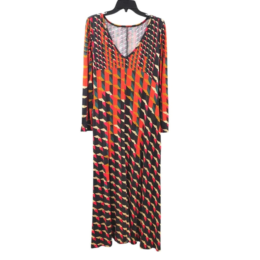 Soft Surroundings Colorful Geometric V-Neck Long Sleeve Maxi Dress Women Size M - Picture 2 of 8